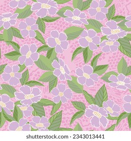 A pink background scattered with clumps of lavender wild roses creates this seamless repeat pattern design.