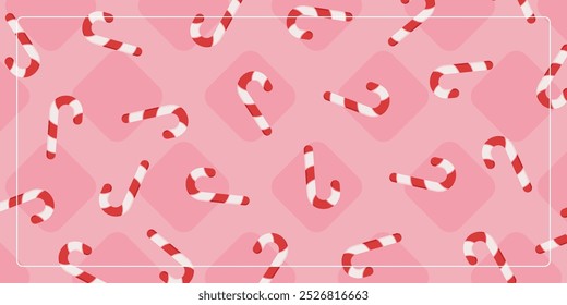 pink background seamless christmas pattern with candy cane icons. design for banner, poster, greeting card, social media.