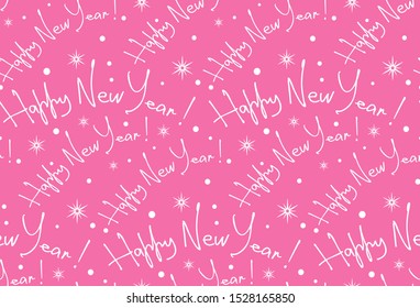 Pink background Seamless pattern with calligraphic inscription Happy New Year. Template for the graphic design of the Christmas holidays - for posters, greeting cards, holiday packaging. Vector image