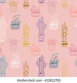 Pink background, seamless pattern. Plants in pots, cacti and succulents. Vector.