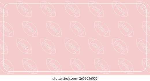 Pink background with seamless pattern of rugby ball line icons. Template design for banners, posters, greeting cards, and social media.