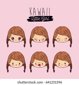 pink background set facial expression kawaii little girl vector illustration