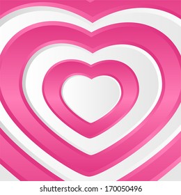Pink background with set of paper hearts, illustration.