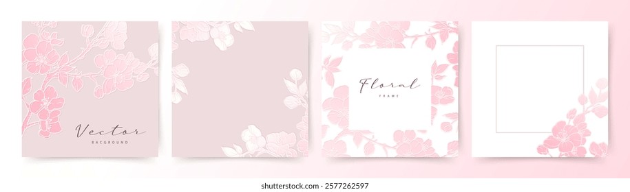 Pink background set with a pattern of blooming branch and flowers. Vector illustration for wedding invitation, social media post, cover, card, banner, advertising, design, packaging