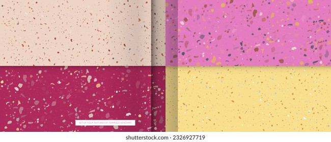 pink background Set seamless terrazzo patterns. Pattern for ceramics marble natural stone. Vector stock illustration textured shapes in vibrant colors