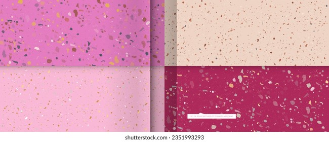 pink background Set seamless terrazzo patterns. Pattern for ceramics marble natural stone. Vector stock illustration textured shapes in vibrant colors
