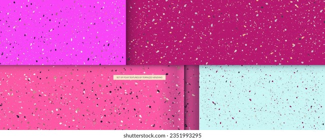 pink background Set seamless terrazzo patterns. Pattern for ceramics marble natural stone. Vector stock illustration textured shapes in vibrant colors