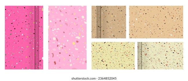 Pink background Set seamless terrazzo patterns paper. Pattern for ceramics marble natural stone. Vector stock illustration textured shapes in vibrant colors