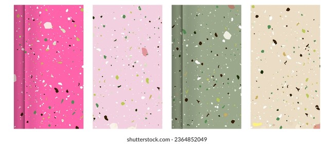 rosafarbener Hintergrund Setzen Sie nahtlose Terrazzo Muster Papier. Muster für Keramik Marmor Naturstein. Texturierte Formen von Vektorgrafiken in lebhaften Farben