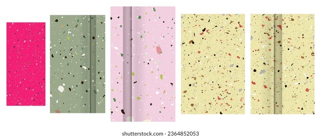 Pink background Set seamless terrazzo patterns paper. Pattern for ceramics marble natural stone. Vector stock illustration textured shapes in vibrant colors