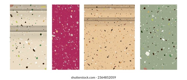 Pink background Set seamless terrazzo patterns paper. Pattern for ceramics marble natural stone. Vector stock illustration textured shapes in vibrant colors