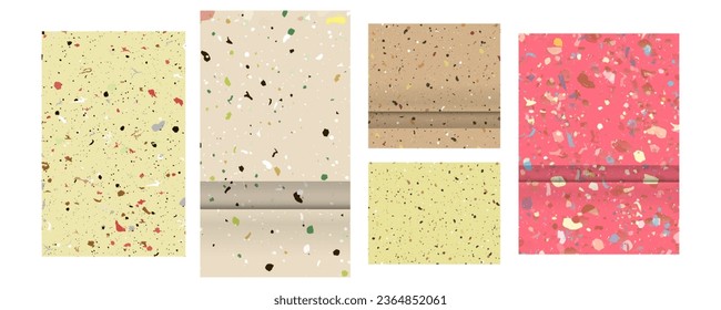 Pink background Set seamless terrazzo patterns paper. Pattern for ceramics marble natural stone. Vector stock illustration textured shapes in vibrant colors