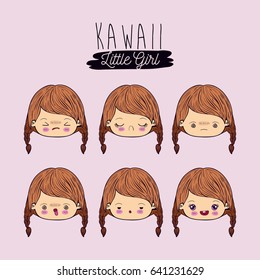 pink background set for six facial expression kawaii little girl vector illustration