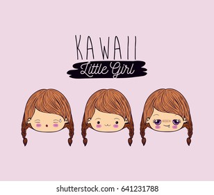 pink background set for three facial expression kawaii little girl vector illustration