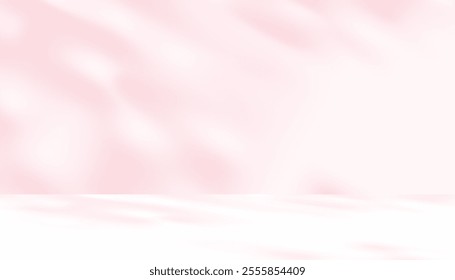 Pink background with shadow and light on white floor for Cometic product presentation.3d Studio Background abstract shadow leaves foliage and sunlight effect on podium display,Vector Minimal backdrop