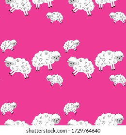 Pink background with sheep and lamb vector design for fabric print out.