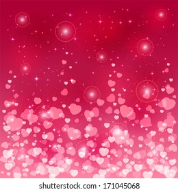 Pink background with shiny blurry hearts and stars, illustration.