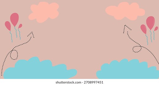 Fondo rosa con decoraciones de cielo y globo. Flechas con líneas punteadas. Estilo de Fondo de pantalla de Premium para sus necesidades de diseño.