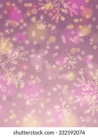 Pink background with snowflake and bokeh, vector illustration