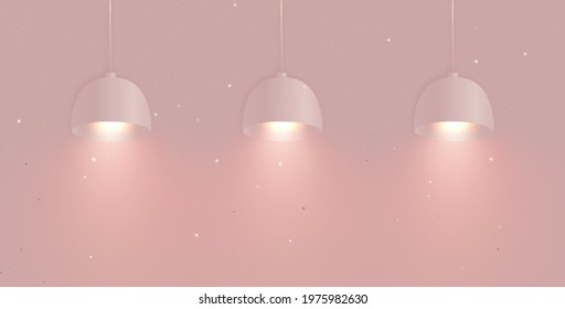 Pink background with spotlights. Light sources, floodlight on a wall. stage with illuminated projector. Scene illumination. Vector.