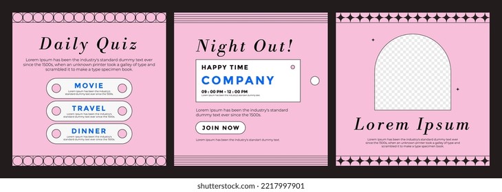 Pink background square social media banner template design collection with geometric layout element. 90s, retro, stylish and fashion design. Usable for feed post on social media for modern branding