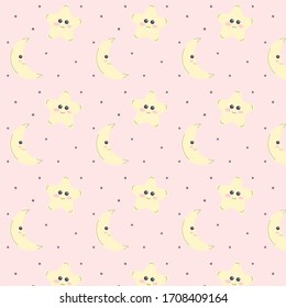 Pink background with stars and month. Vector illustration