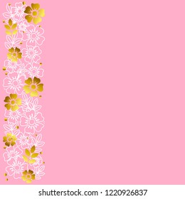 Pink background with stripe of white and golden flowers and leaves on the left side for decoration, invitation or wedding, poster,valentines day, valentine, lettering or text, advertising, flower shop