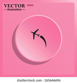 Pink background structure of plastic. Circle. Button.  The plane takes off. Icon plane. Vector illustration, EPS 10
