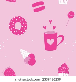 Fondo rosa con dulces y café, patrón sin soldadura