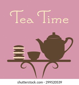 Pink background with text and a silhouette of a teapot and cups. Vector illustration