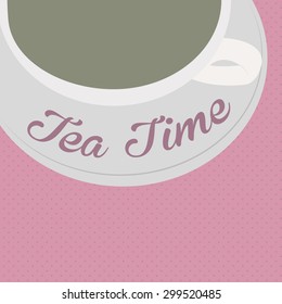 Pink background with text and a tea cup. Vector illustration
