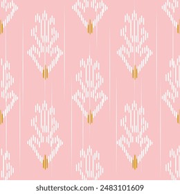 Fondo rosa Ikat tailandés con motivo de plumas. Motivo étnico ikat patrón sin fisuras oriental por todo el diseño de un solo ojo. Impresión geométrica simple de la cadena para el papel del decoupage, textil de la ropa, prenda de moda