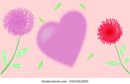 With pink background, there are 2 red and pink beautiful flowers standing in the wind with a big love in the center and some leaves falling from the sky