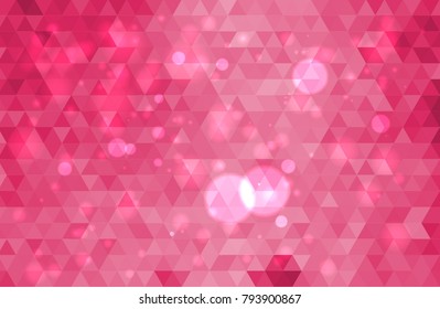 Pink background with triangles with glow and bokeh. Abstract background consisting of triangles.