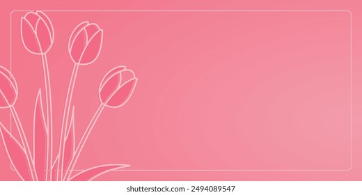 pink background with tulip flower line illustration, free copy space area design.