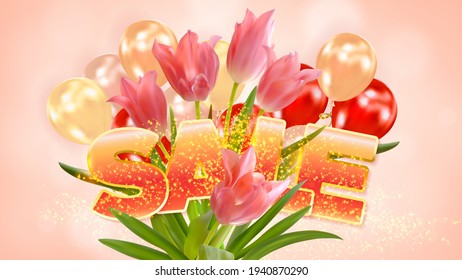 Pink background with tulips, air balls and inscription Sale. Poster, banner for advertising. Vector illustration