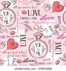 pink background with  valentine heart , flower, engagement ring and wishes text,  vector illustration