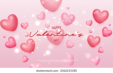 Pink background for valentine's day with several pink heart shaped balloons floating on the background illuminated by luxurious bokeh light