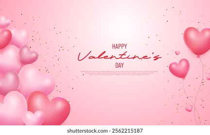 Pink background for Valentine's Day with several pink heart shaped balloons beside the left side of the background