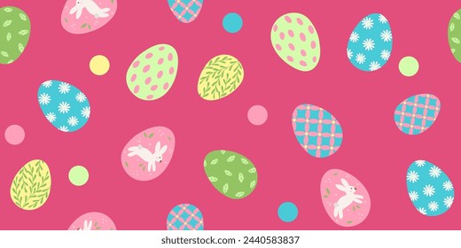 Pink background with a variety of colorful Easter eggs and dots, seamless pattern, vector