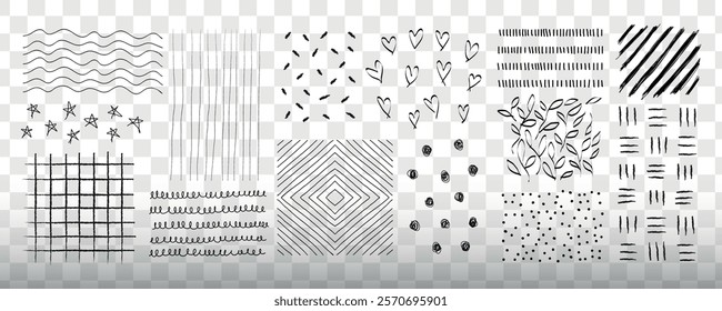 Pink background with various black line patterns. Patterns include stars, hearts, stripes, and grids. Repeated line patterns create a playful design. Element vector set.