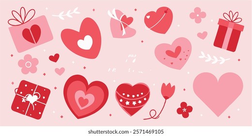 A pink background with various red heart shaped, gift boxes