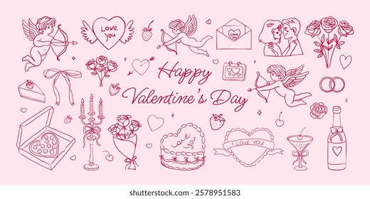 A pink background with various Valentine's Day themed images, such as hearts, flowers, and romantic scenes. The images are scattered throughout the background, creating a visually appealing