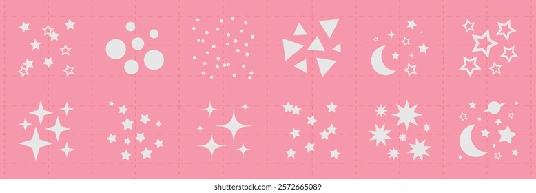 Pink background with various white star patterns. Stars and shapes include circles, triangles, and moons. Star patterns create a whimsical, celestial theme. Sparkles element vector set.
