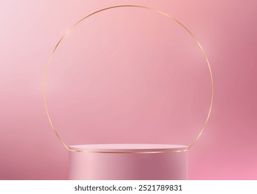 Vetor de fundo rosa 3d com pódio rosa e dourado para apresentação do produto. Espaço para a venda de produtos no site. Ilustração vetorial.