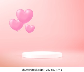 Pink background vector 3d with heart balloons and podium. Product display presentation. Space for selling products, backdrop, wallpaper, background, text. Vector illustration.