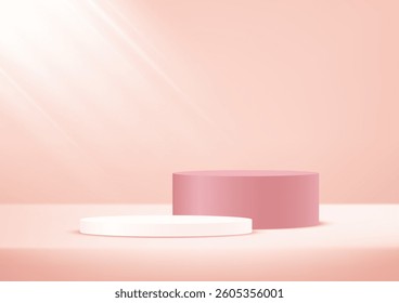 Pink background vector 3d with white podium space for selling products, backdrop, wallpaper, background, text. 3D abstract studio room with pedestal podium. Vector illustration.