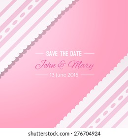 Pink background with vintage realistic pink and white lace. Vector illustration for your lovely design. Abstract holiday picture. Save the date. Invitation for wedding.
