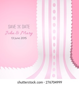 Pink background with vintage realistic pink and white lace. Vector illustration for your lovely design. Abstract holiday picture. Save the date. Invitation for wedding.