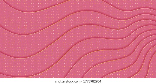 Pink background with waves texture and golden spangles. Effect of layered cut paper. Gentle background for Valentine's Day or wedding
